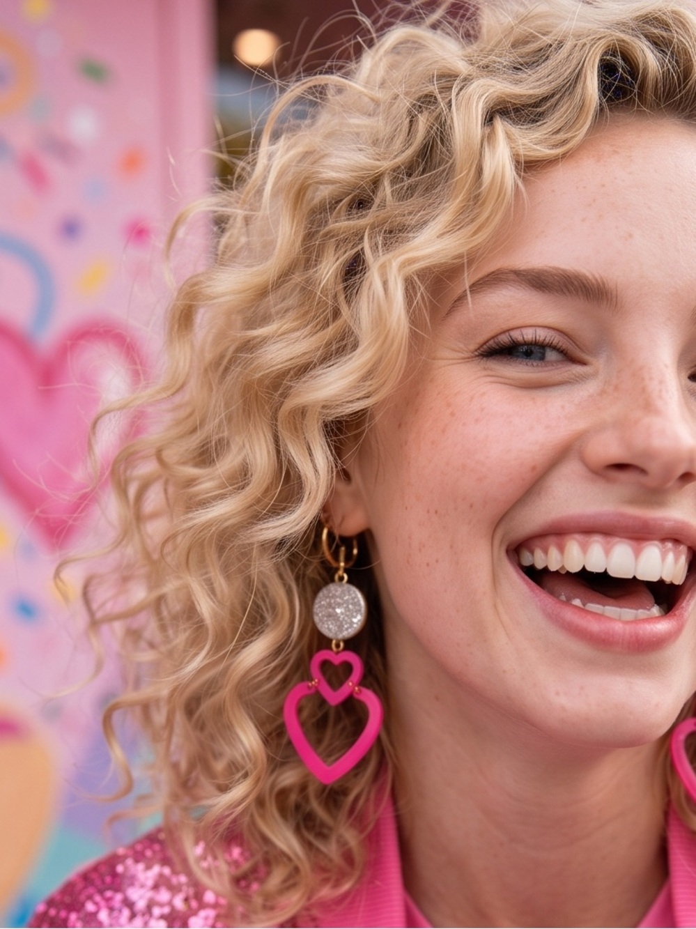 Gold Hoop Earrings with Hot Pink Heart Drops and Silver Glitter Discs - Picture 2 of 6